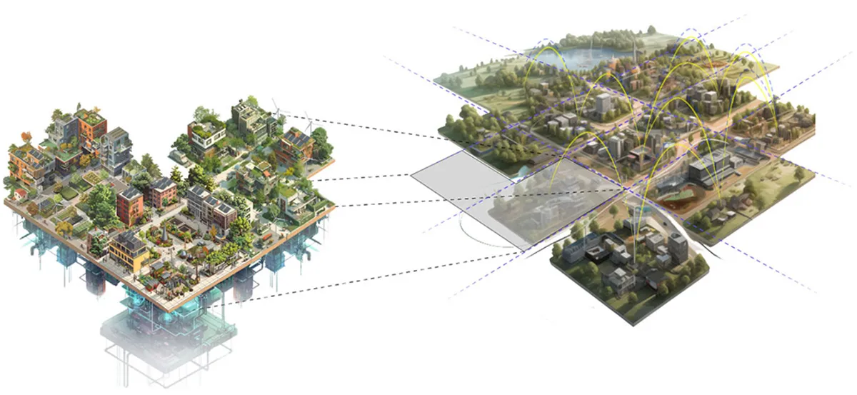Conceptual diagram. On the left, a single neighborhood drawn as an integrated unit with infrastructure layers visible underneath. On the right, multiple neighborhoods networked together by green corridors and mobility links.