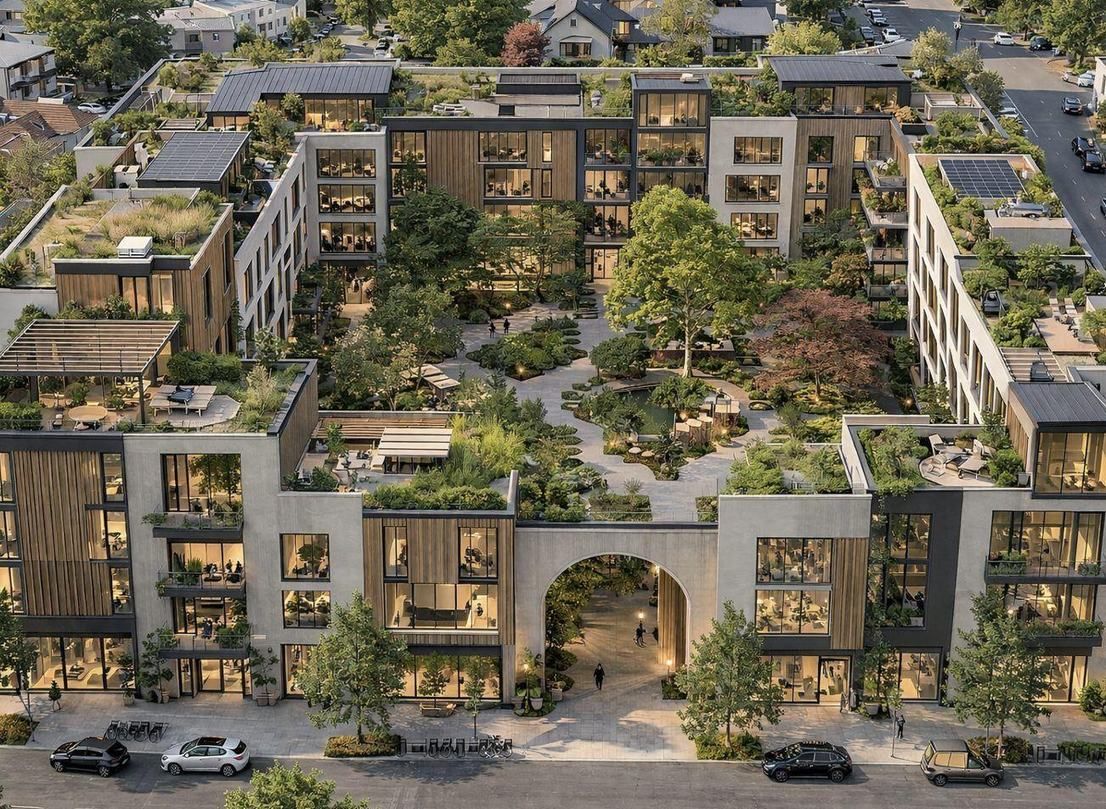 An aerial view of courtyard blocks with planted roofs and a central green.