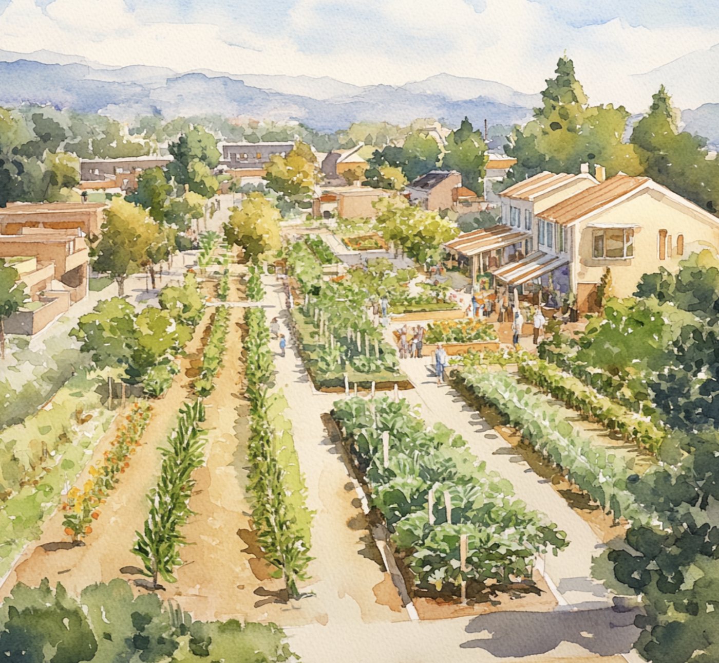 Rows of crops beside a cluster of homes, with hills beyond.