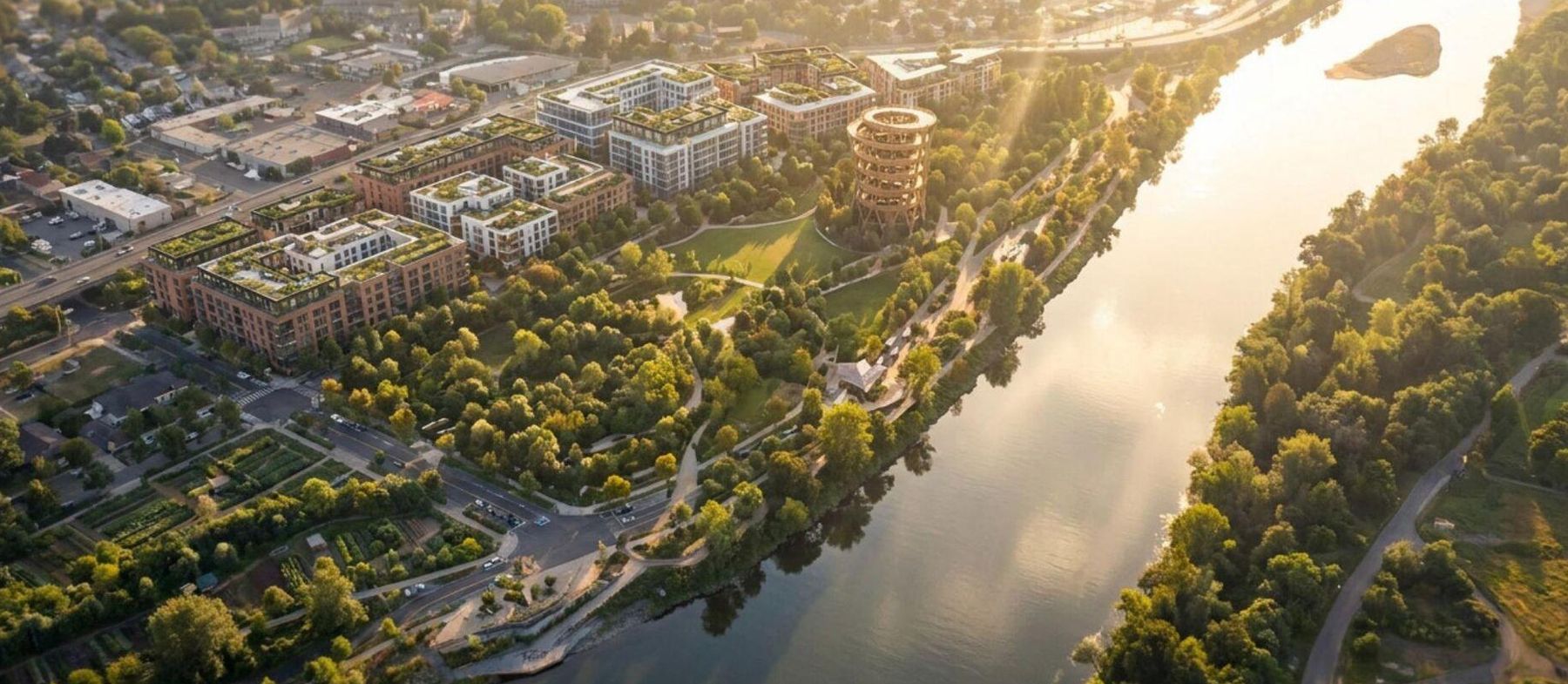 An aerial view of a mixed-use district of mid-rise blocks, parks and trees beside a river at sunset.
