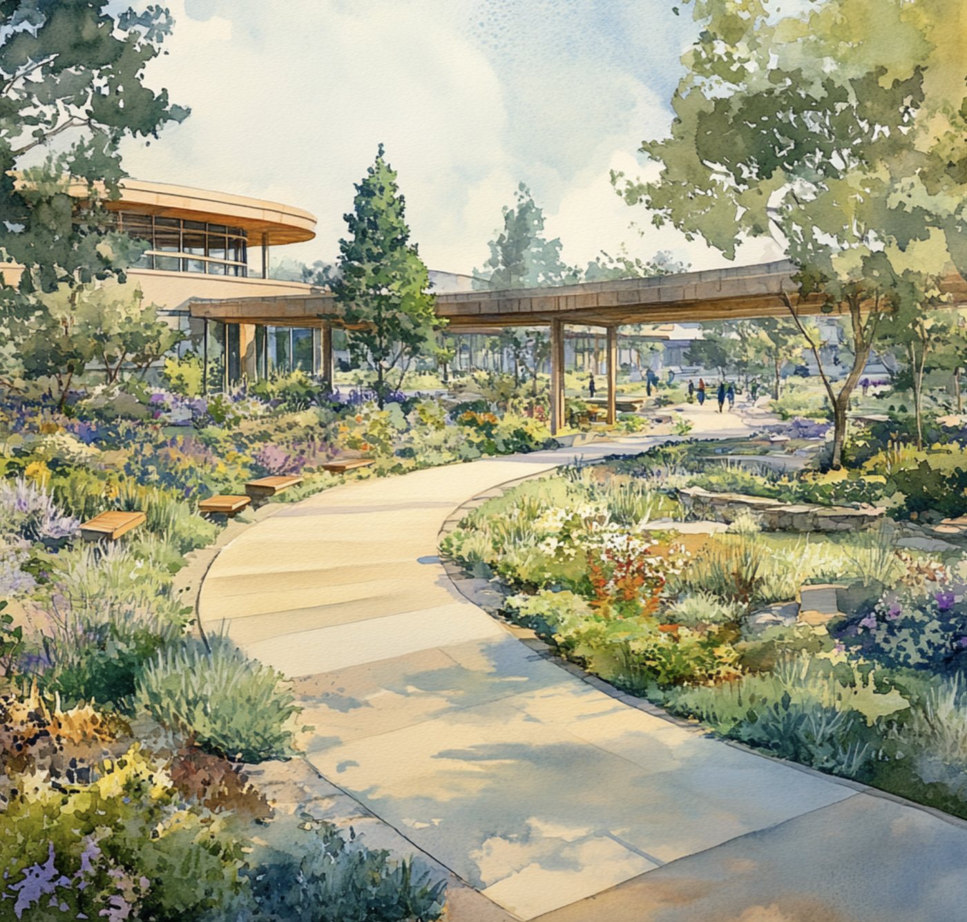 A curving garden path leading to a timber pavilion with a planted roof.