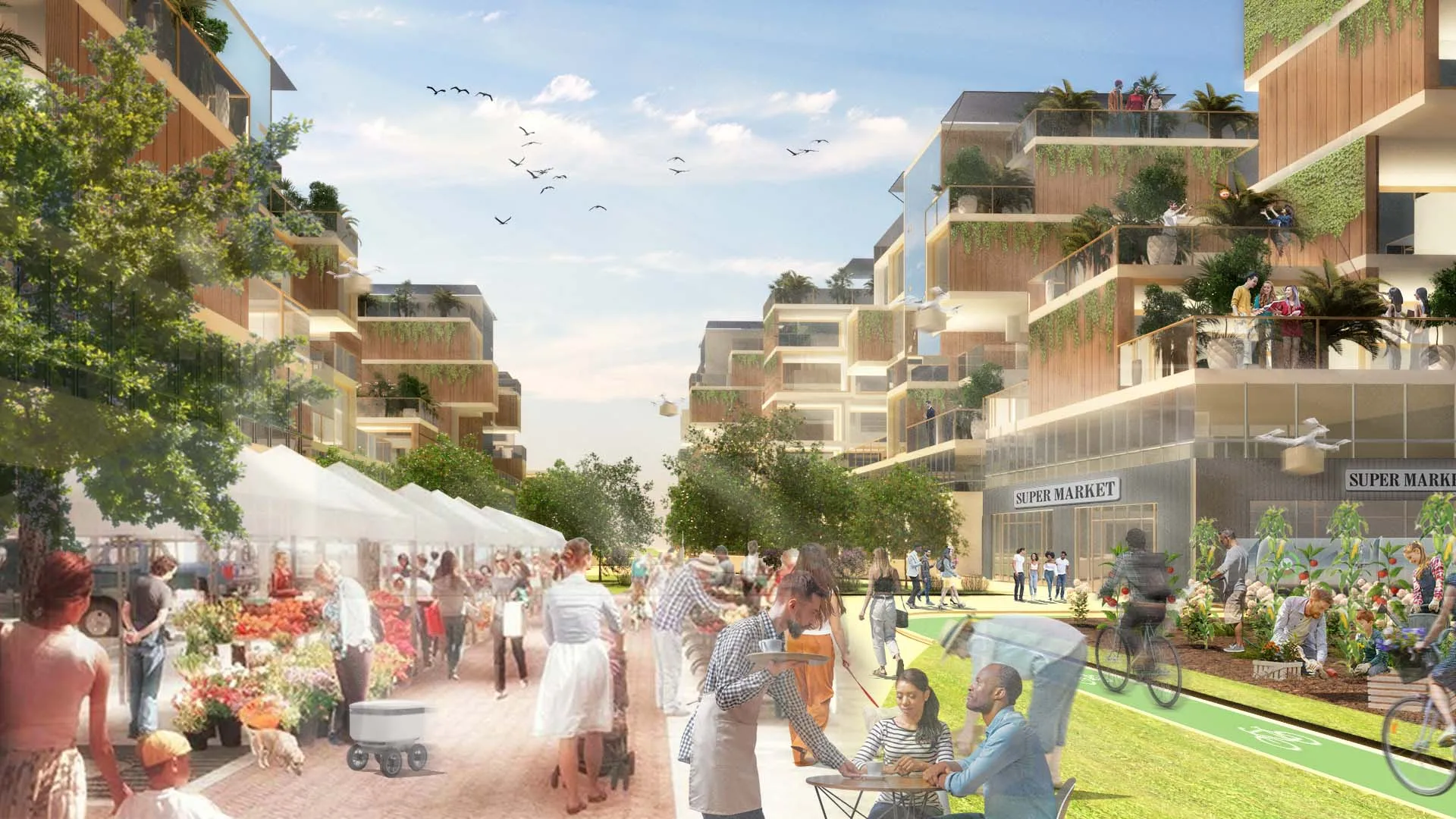 An active mixed-use street with plant-clad buildings, a market, café tables, a bike lane, and people of all ages walking and gathering.