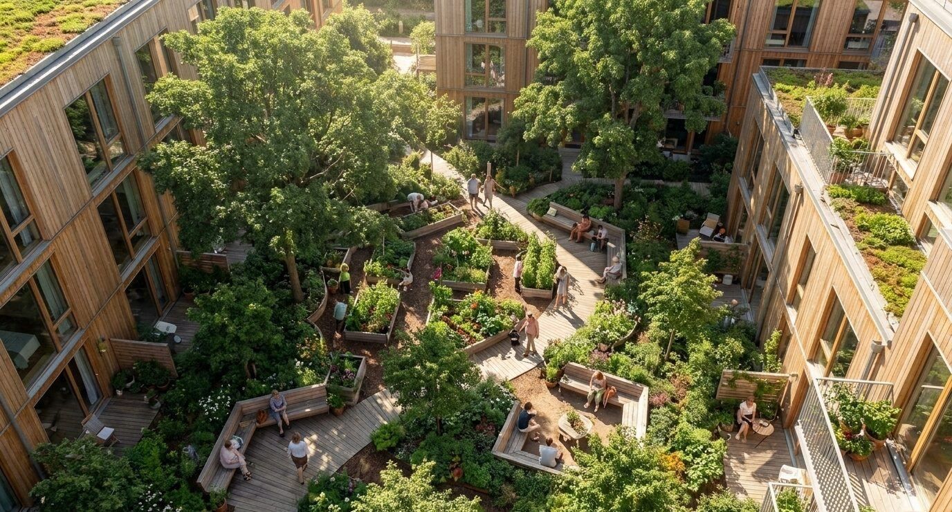 Looking down into a planted courtyard surrounded by timber-clad homes.