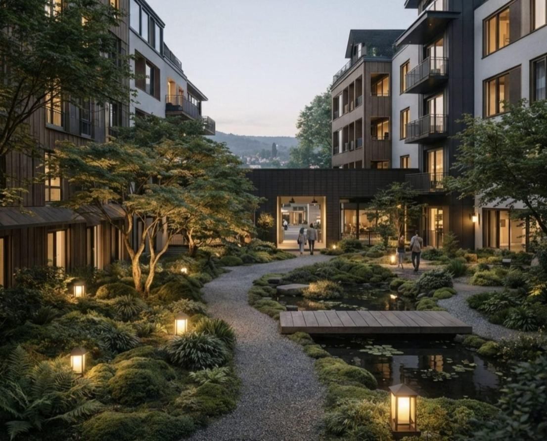 A lantern-lit garden path through a courtyard between mid-rise homes at dusk.