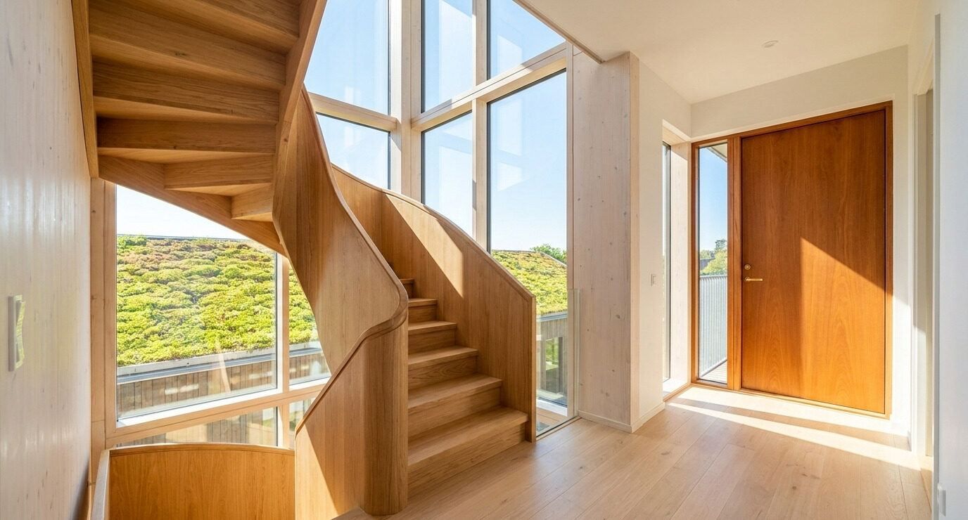 A timber stair lit by a tall window beside a front door.