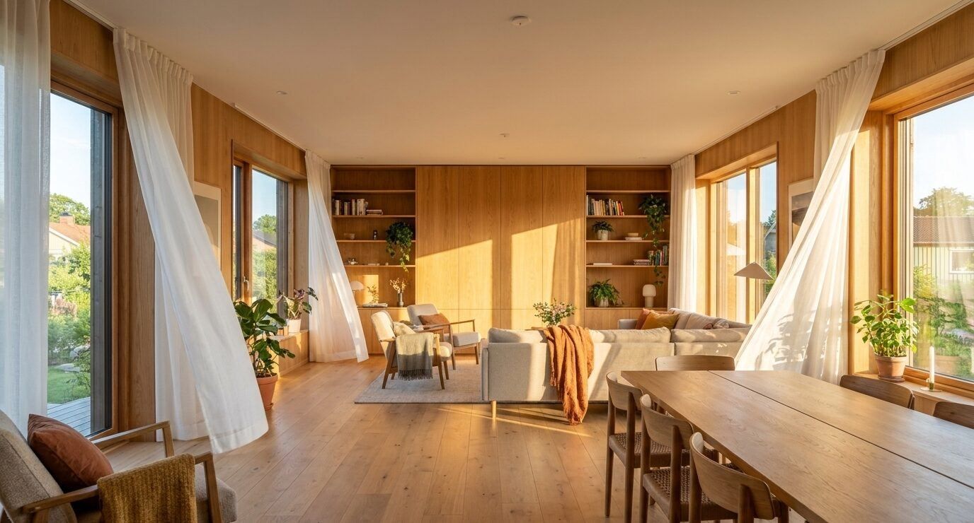 A family living room with timber floors and tall windows on two walls.