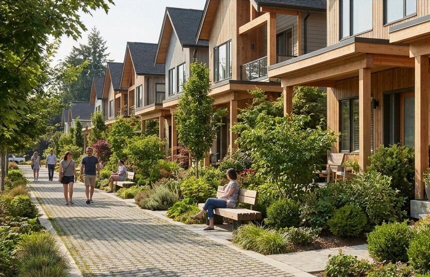 Timber row houses with porches along a planted walking lane.