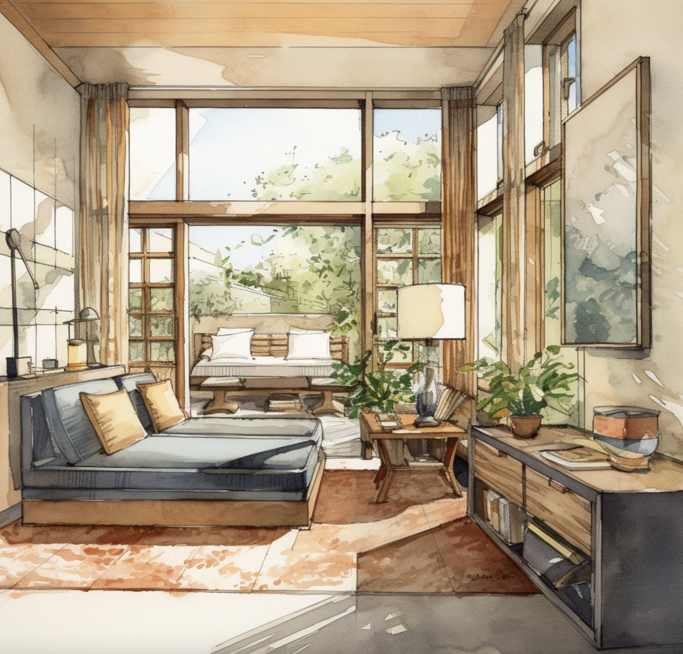 A warm, light-filled living space with plants, timber, and soft daylight.