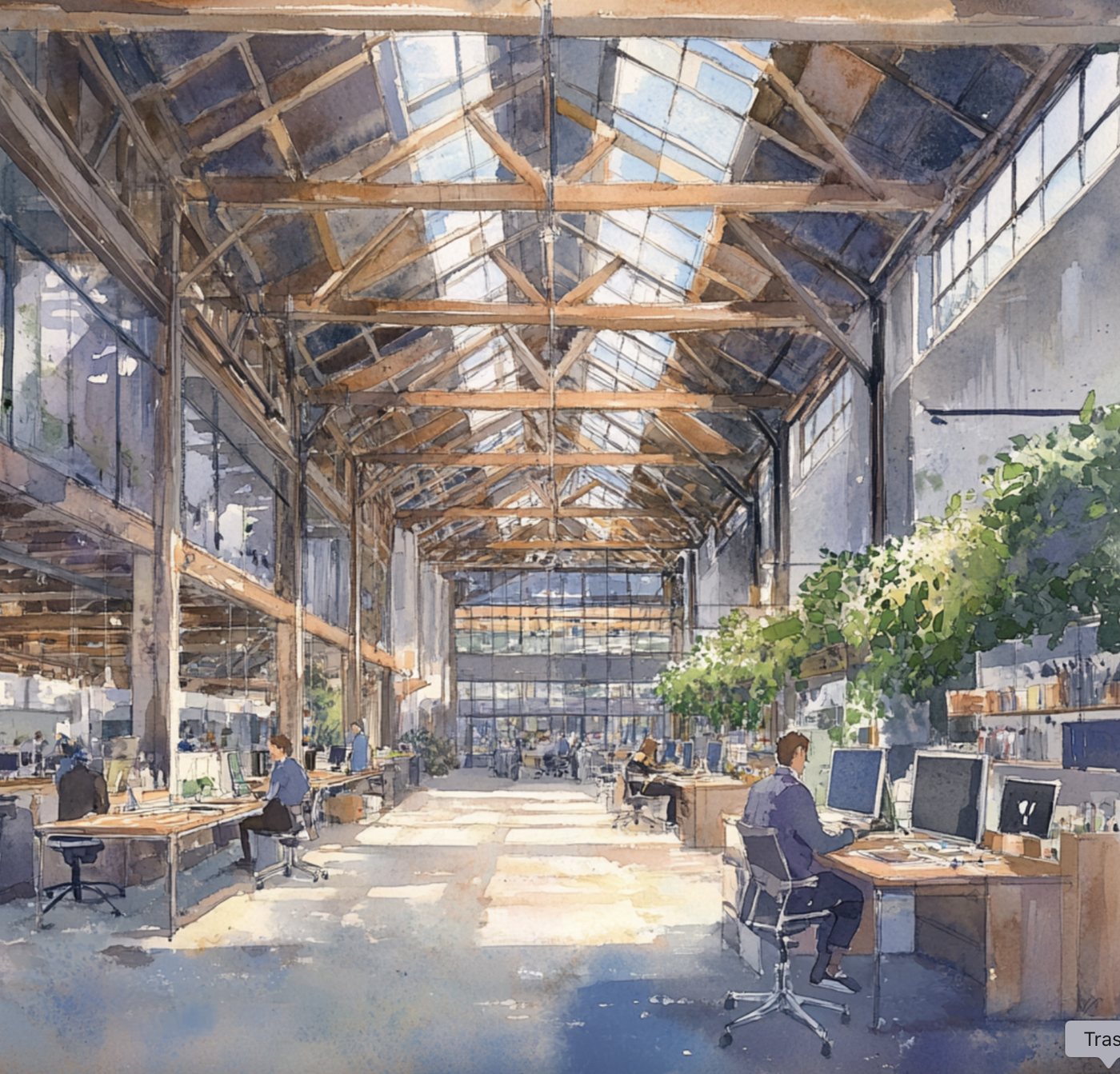 A light-filled shared workspace with timber, greenery, and daylight.