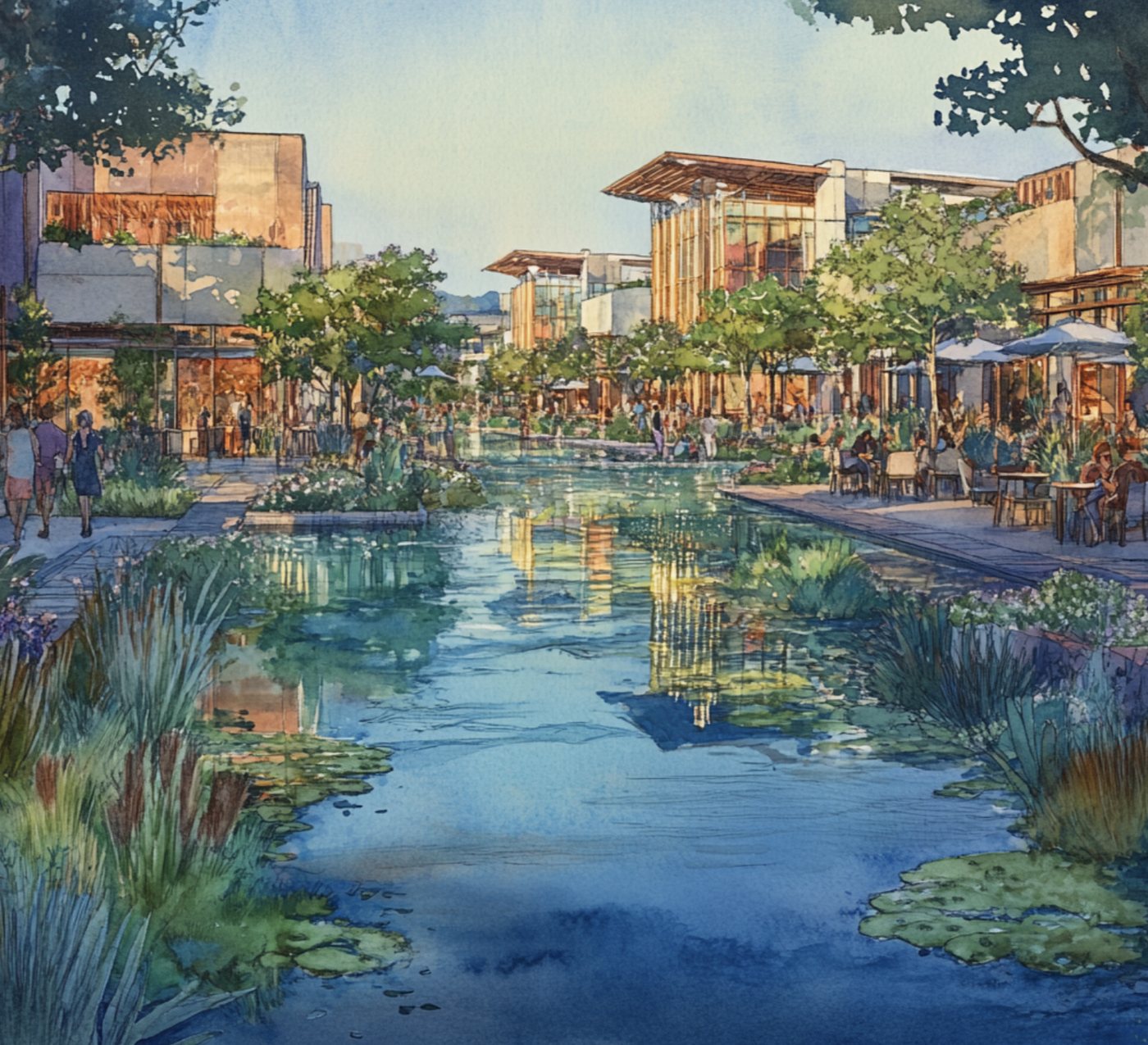 A district lagoon edged with planting, terraces and low buildings.