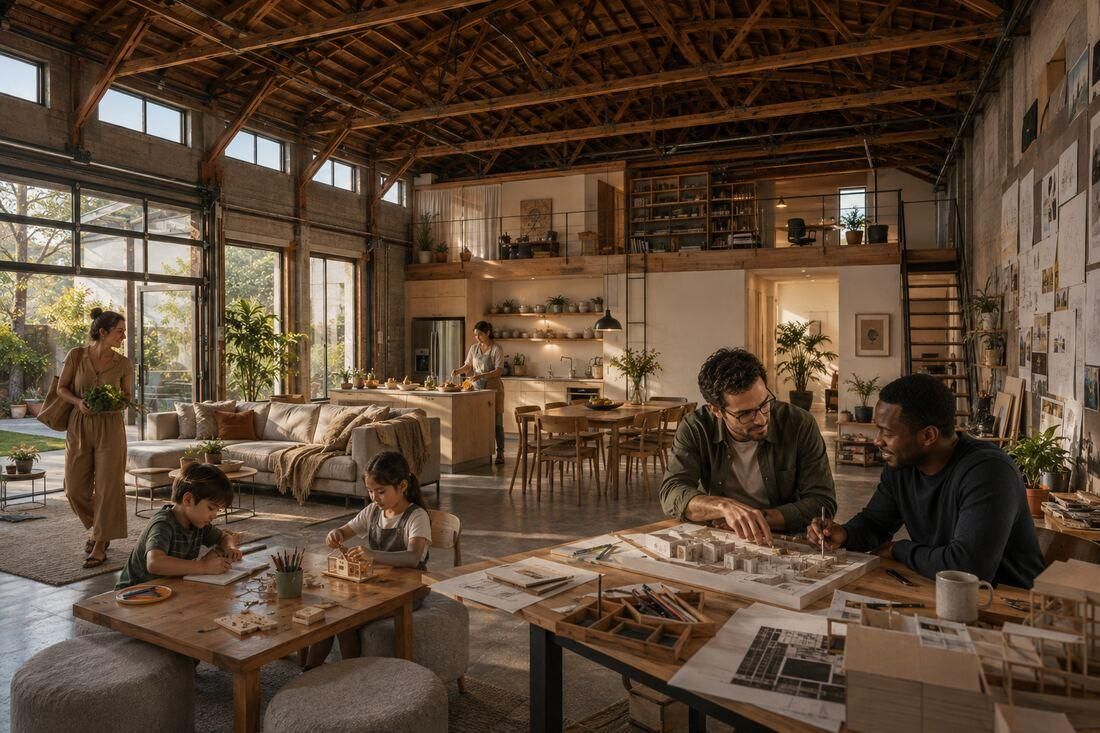 A design team around a table with drawings and a physical model in a timber studio.