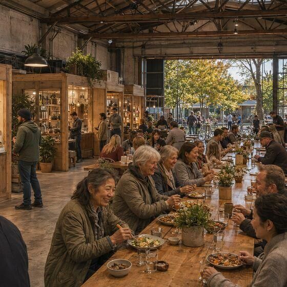 Neighbors of all ages sharing a long table in a market hall.