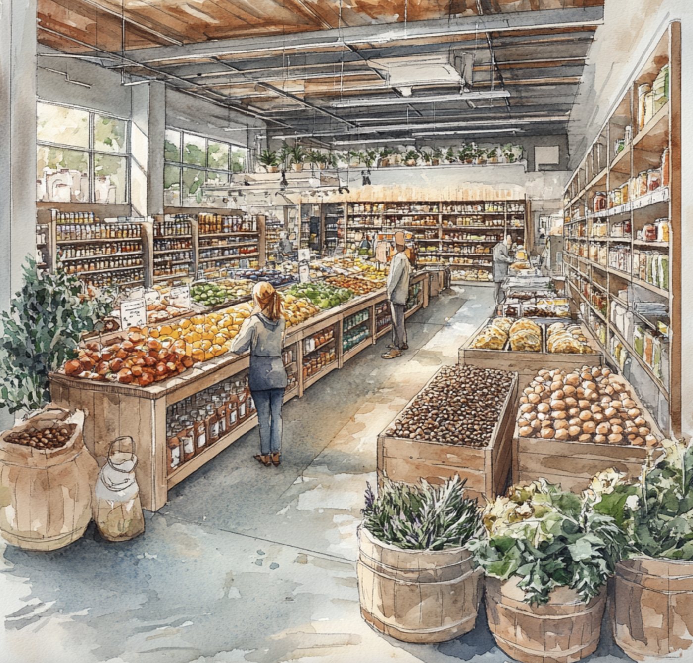 Ground-floor shopfronts and a lively sidewalk market with people gathering, produce stalls, and cafe seating.