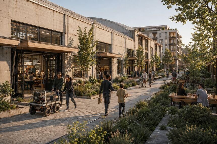 A converted warehouse with open shopfronts along a planted walkway.