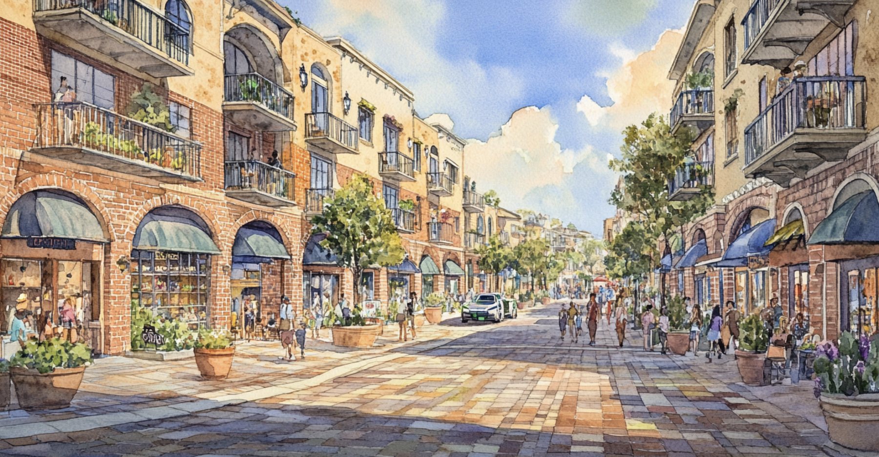 A warm brick main street in soft daylight, with storefronts, trees, and people walking.