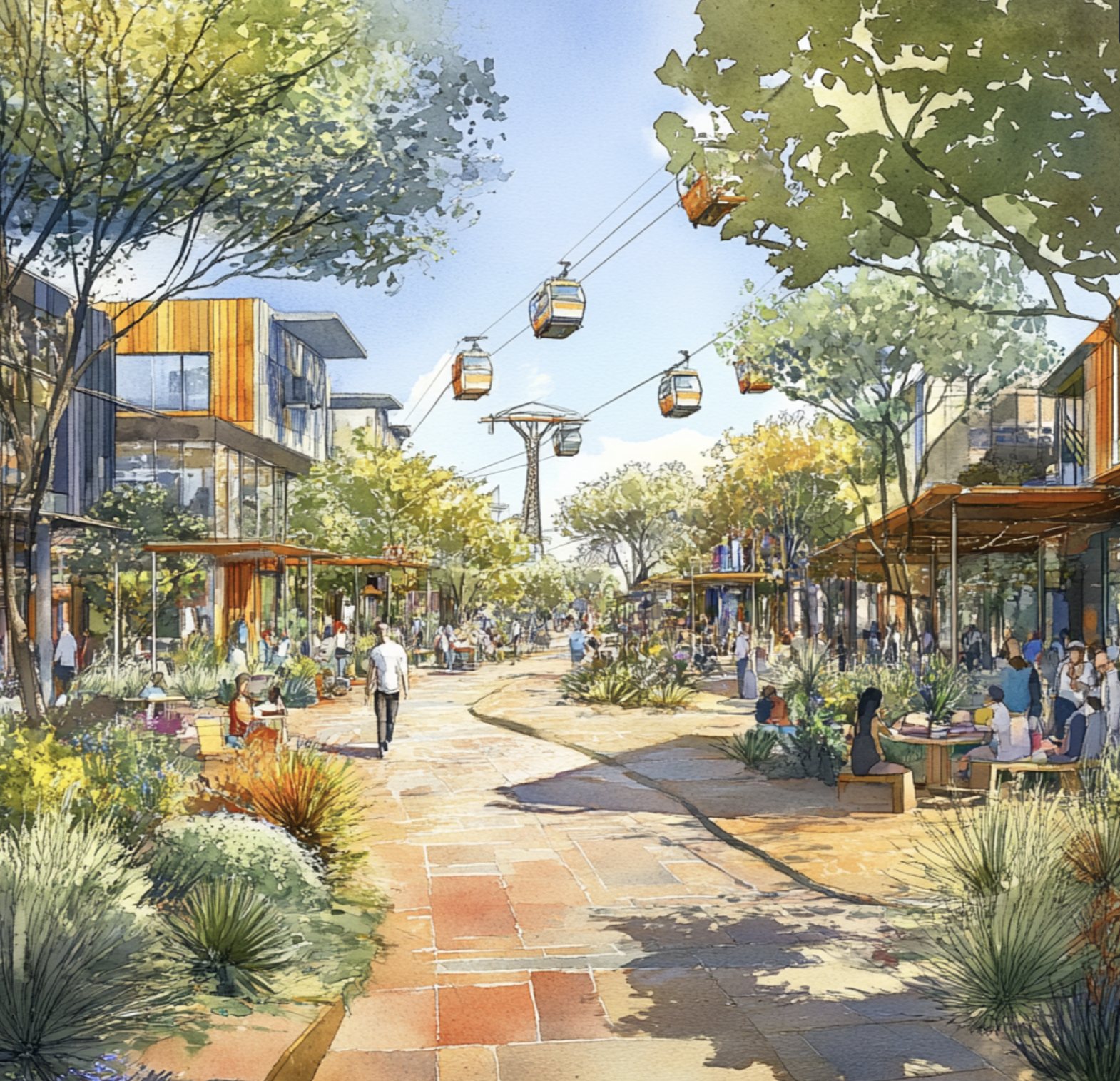 A planted street with shops and a cable gondola passing overhead.
