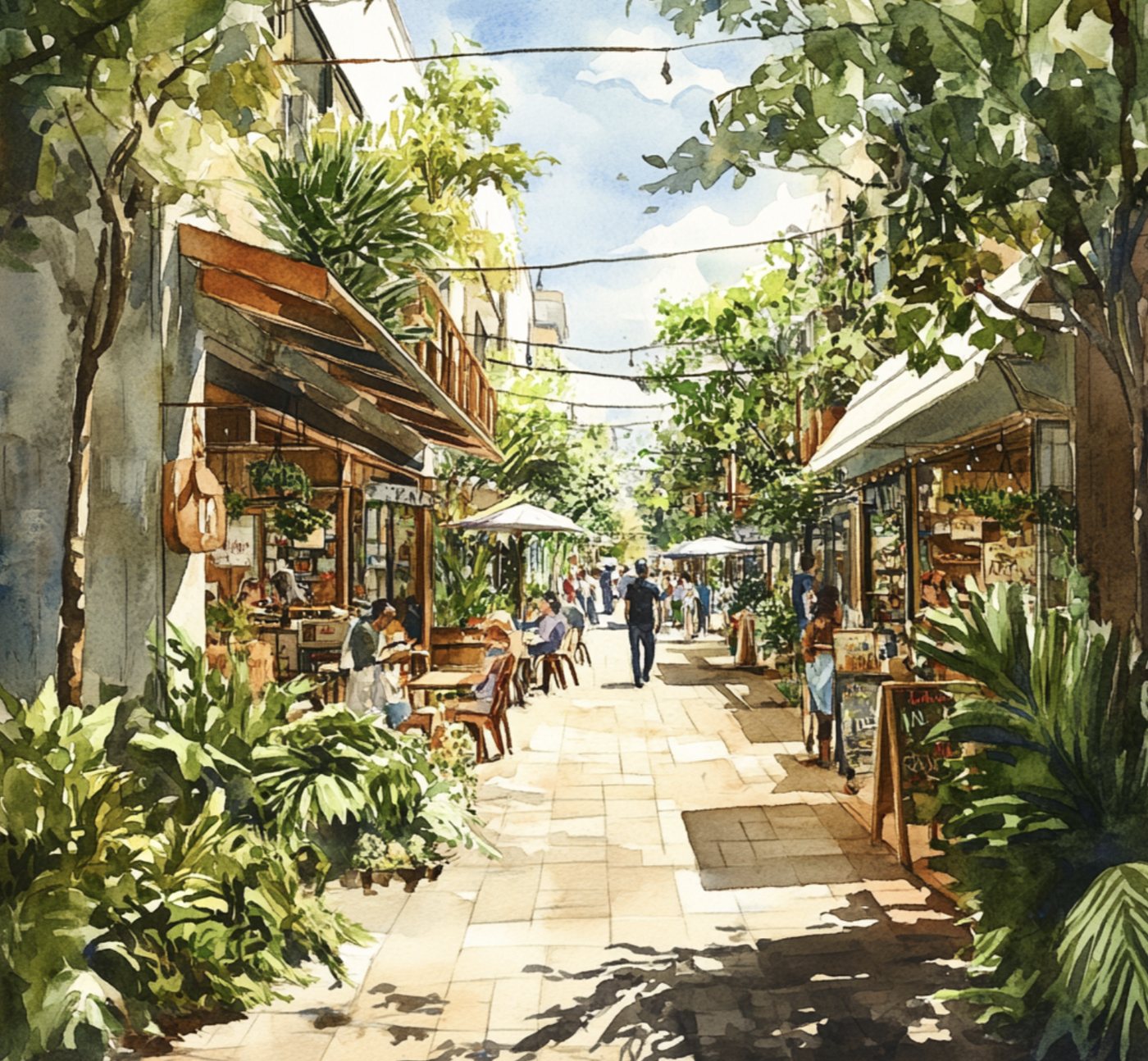 A shaded market street with stalls, planting and people walking.