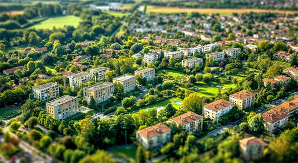 A tilt-shift aerial view of a walkable mixed-density neighborhood, surrounded by mature trees, gardens, and connected open space.