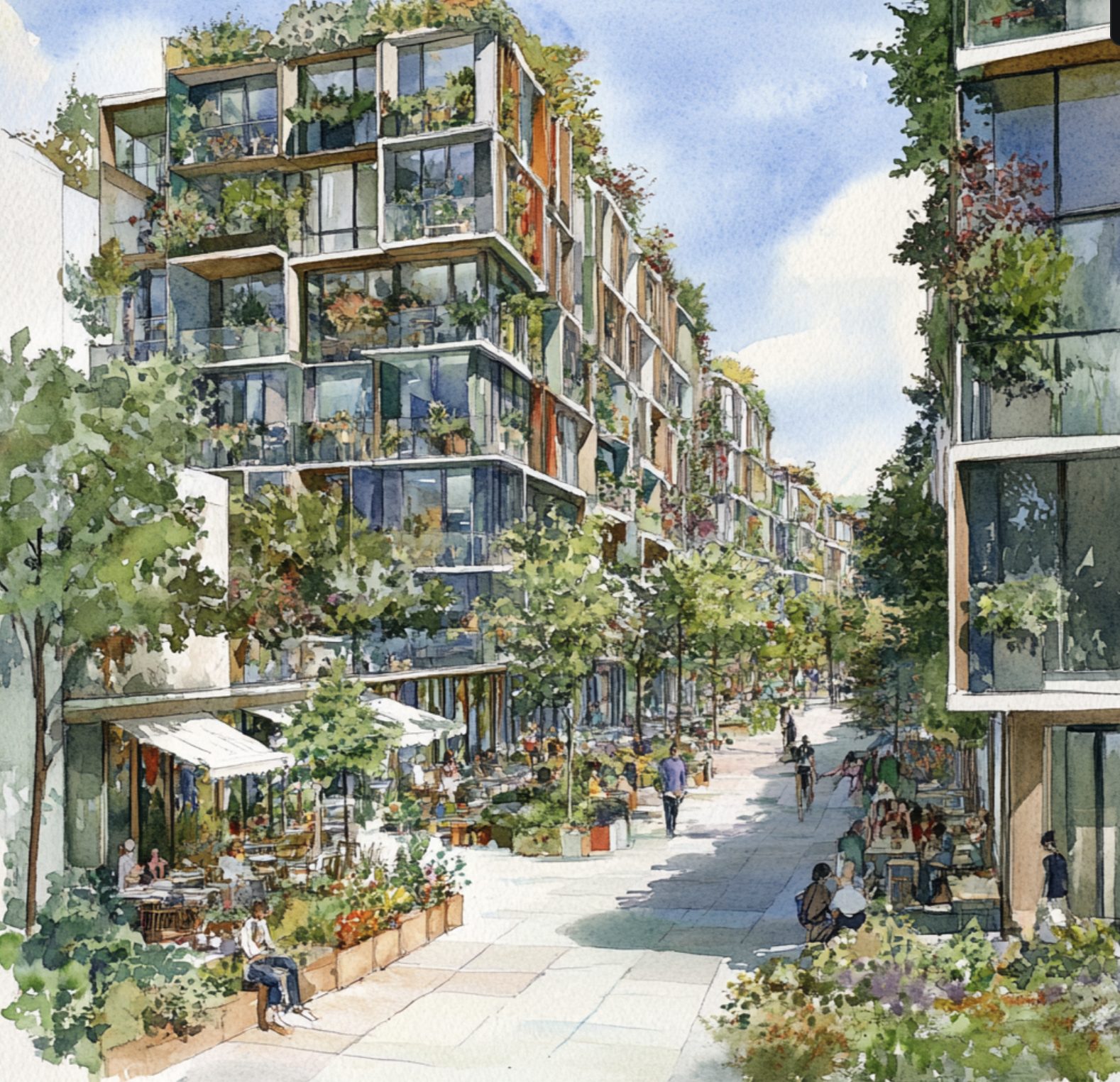 A planted mid-rise street with balconies, trees and ground-floor shops.